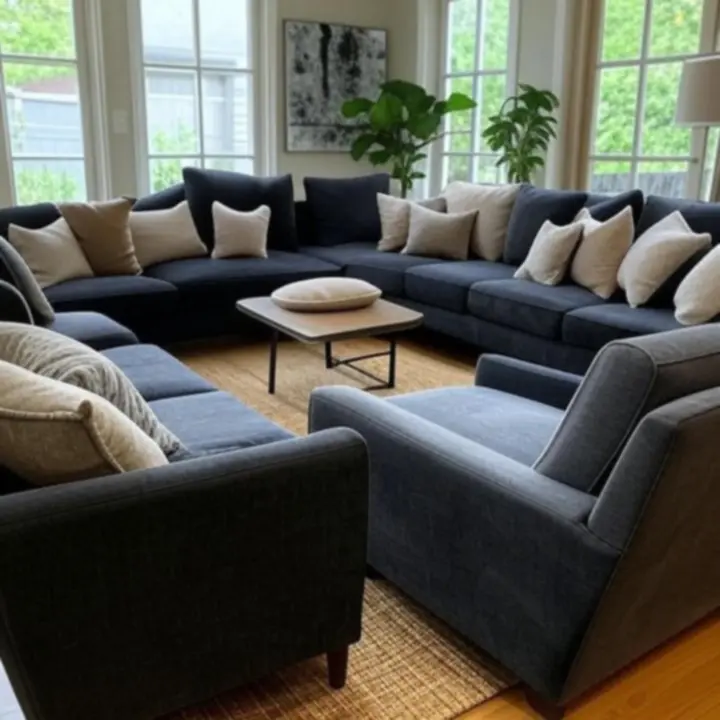 Aranżacja nowoczesnego salonu w ciepłych, neutralnych barwach z sofą