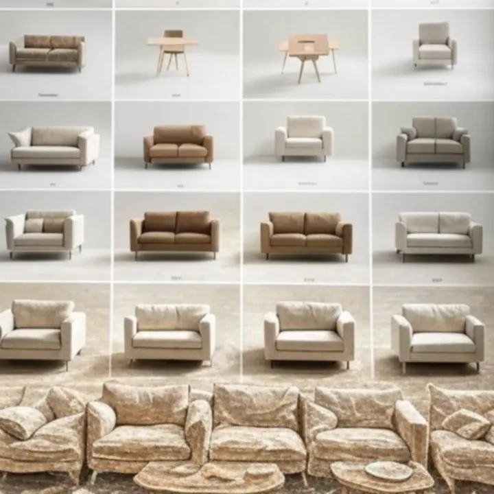 Przegląd wybranych mebli: sofa, stół, krzesła, regał i dekoracje w eleganckim wnętrzu