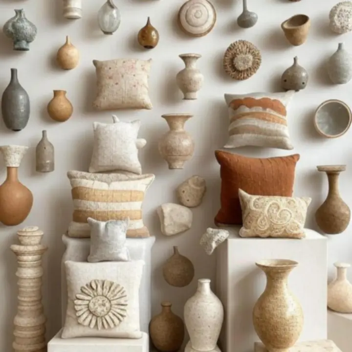 Kolekcja dekoracji: świece, lampiony, poduszki i ceramika