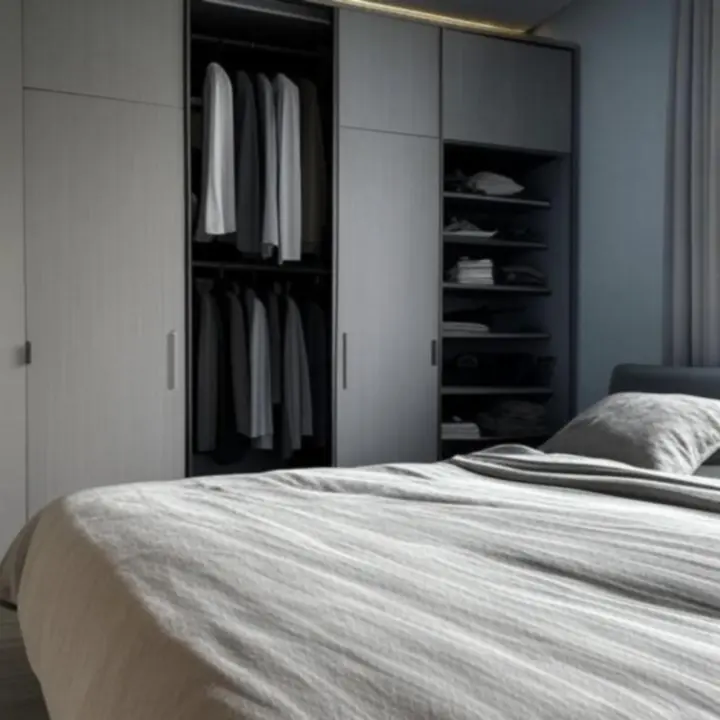 Nowoczesna, przesuwna szafa w jasnej sypialni