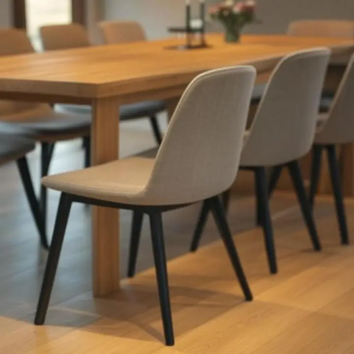 Zbliżenie eleganckiego, drewnianego stołu w nowoczesnej jadalni