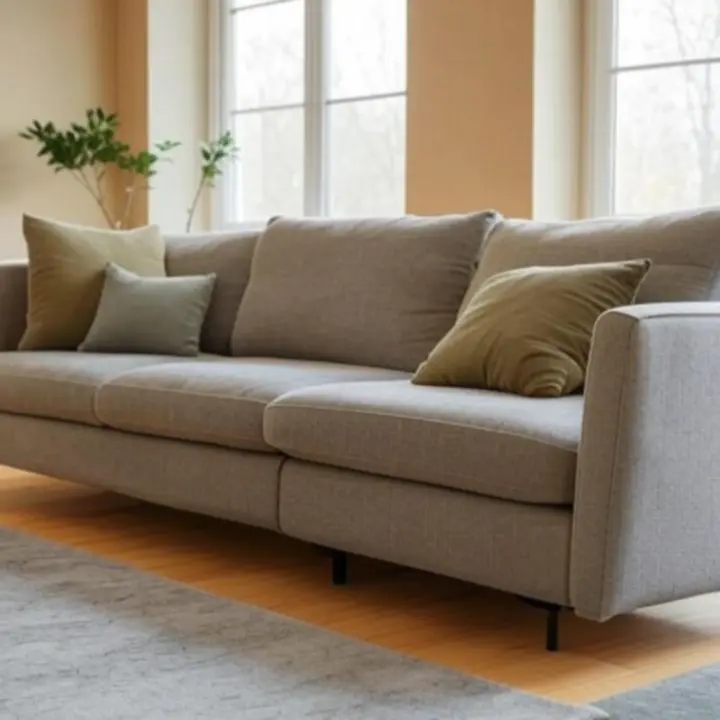 Nowoczesny salon z sofą w ciepłej, neutralnej aranżacji