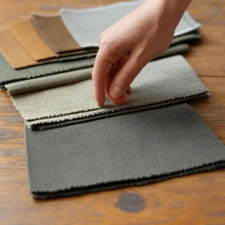 Zbliżenie na próbki tkanin obiciowych w ciepłych, neutralnych barwach